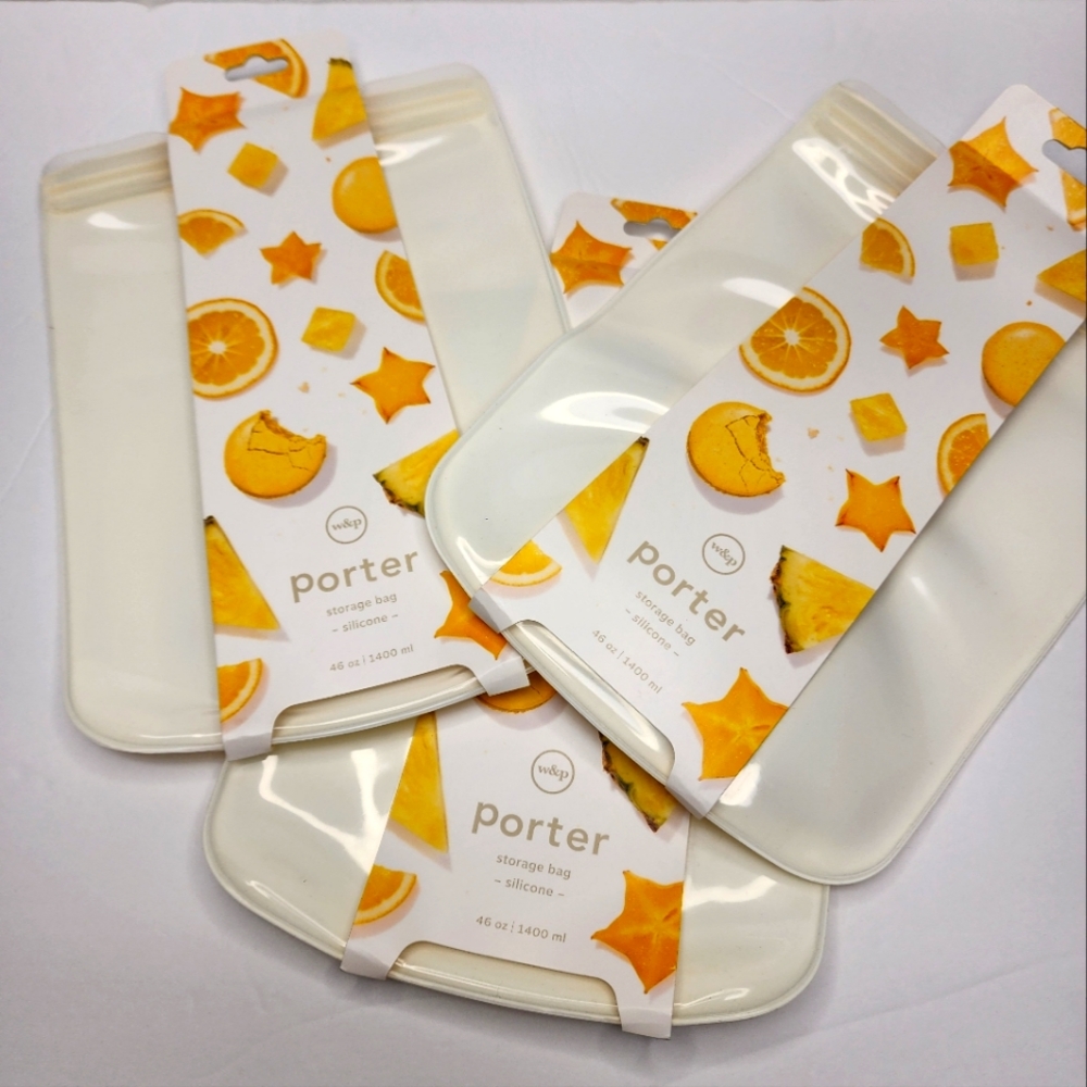 W&P Porter Silicone Reusable Food Storage Bag (46oz Flat), Cream. PACK OF 3.
